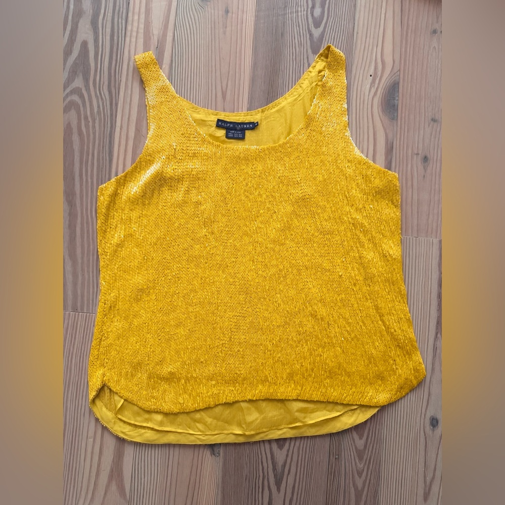 Ralph Lauren Blue Label Yellow Beaded Silk Lined Tank Top Shirt, Size 8